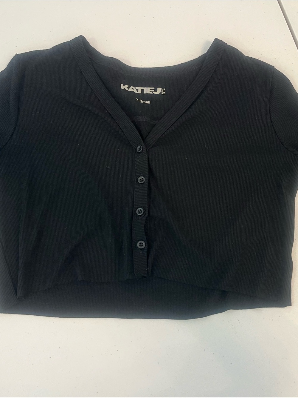 Katie J NYC Black Ribbed Crop Button-Front Top
